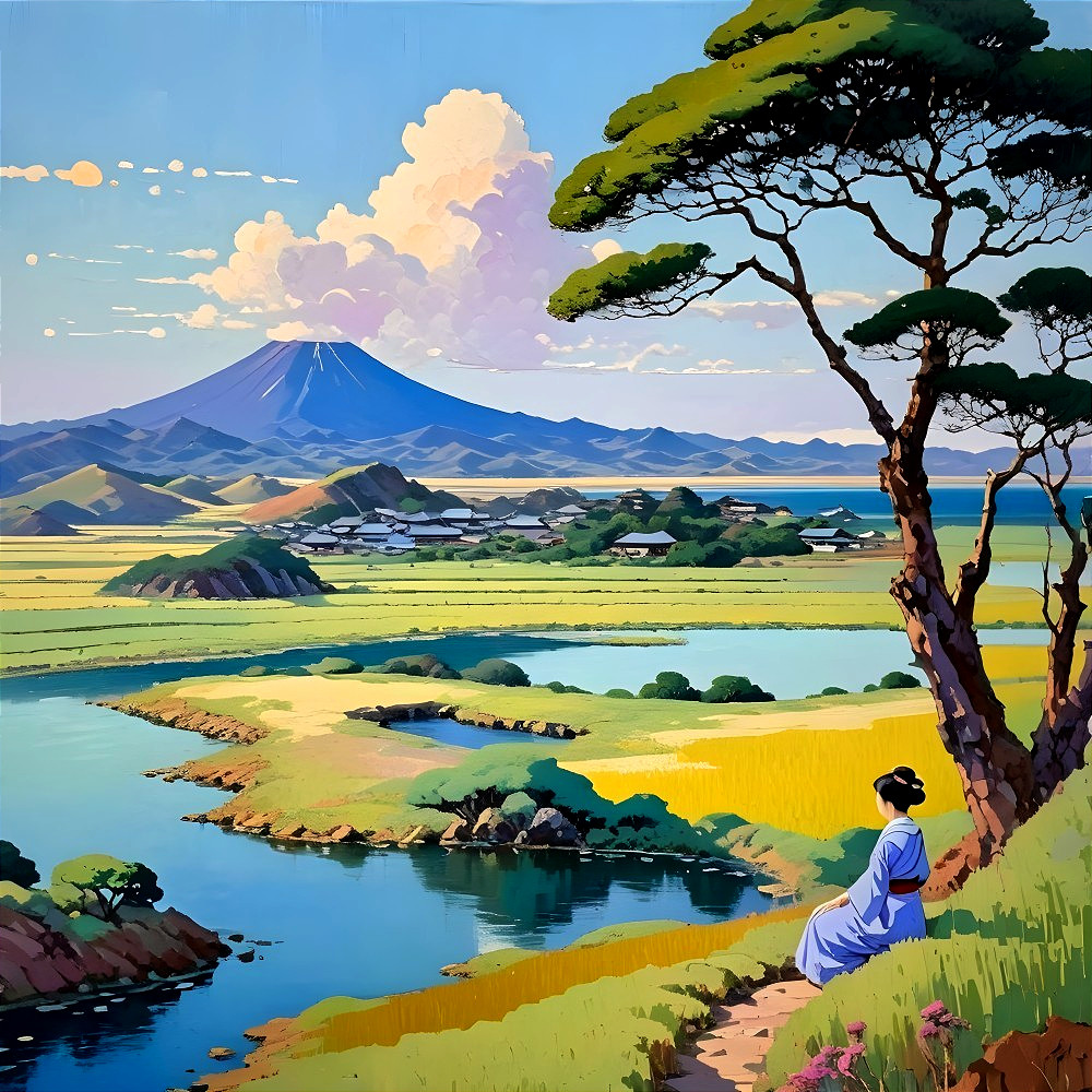 Serene Landscape with Hills, River, and Mountain View