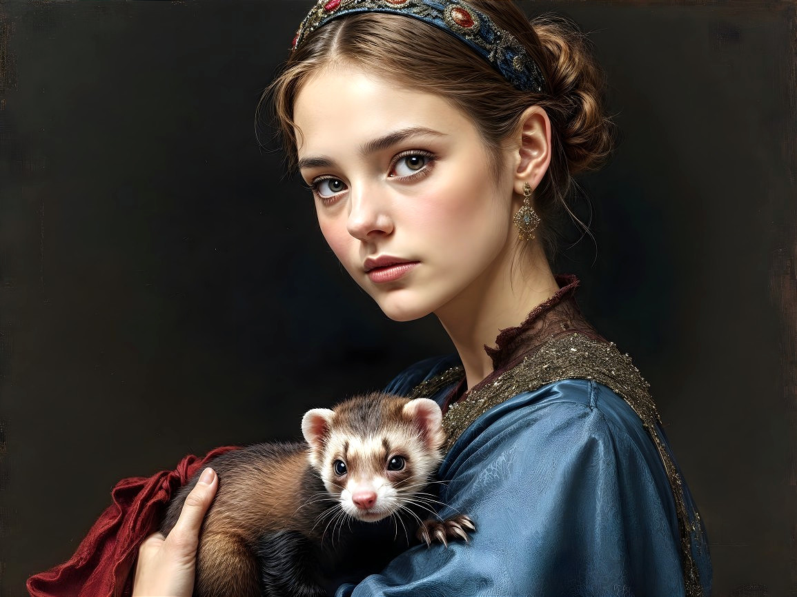 Young Woman in Vintage Setting with Ferret and Dress