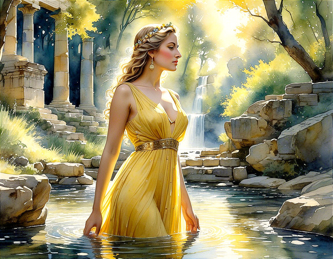 Woman in Yellow Dress by Tranquil Stream and Ruins