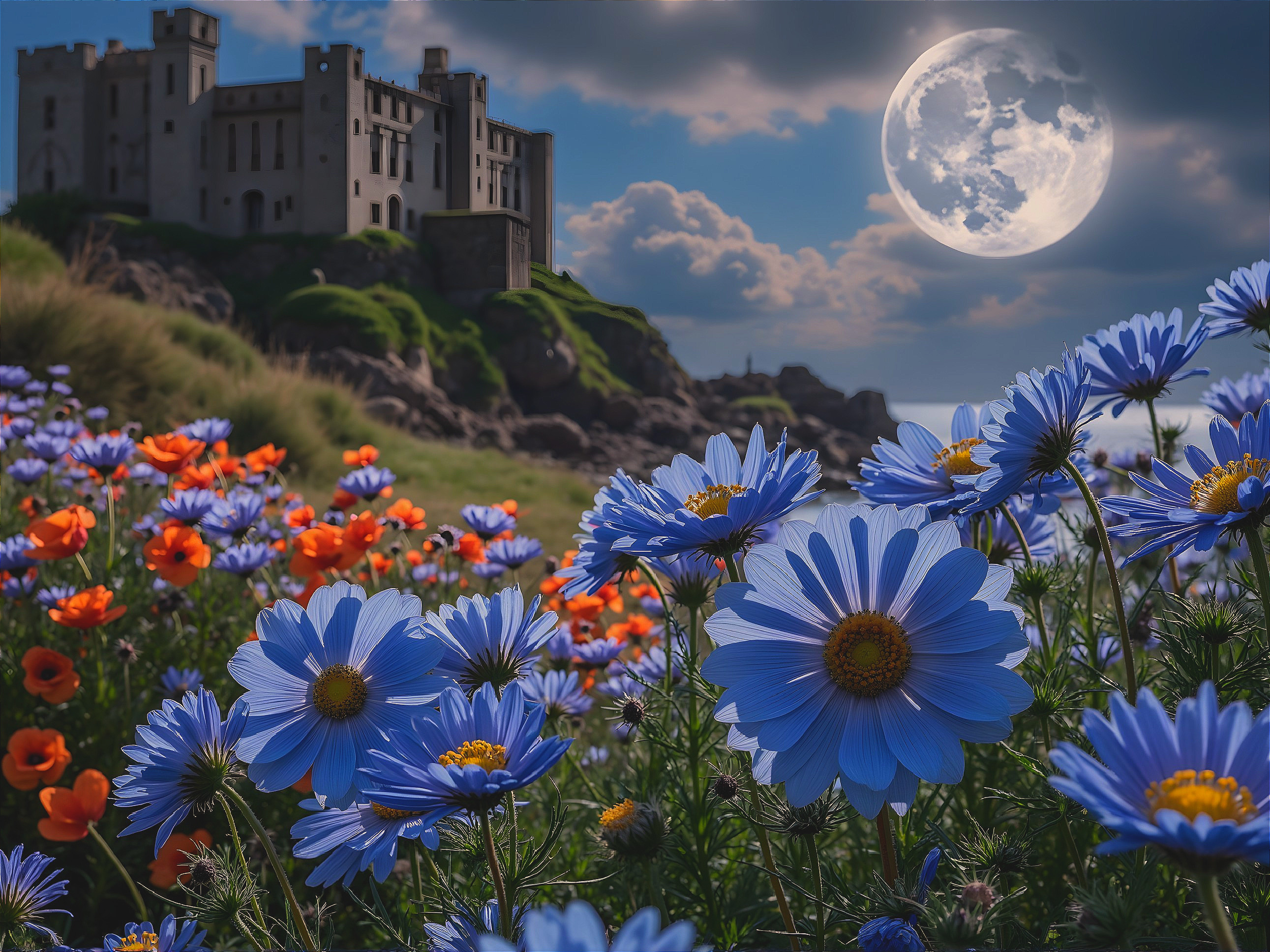 Vibrant Landscape with Castle and Full Moon Scene