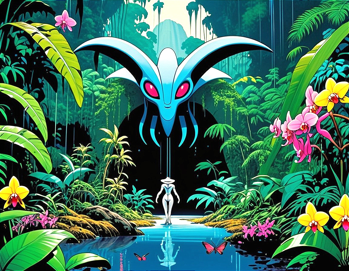 Vibrant Jungle Scene with Alien Creature and Water Reflection