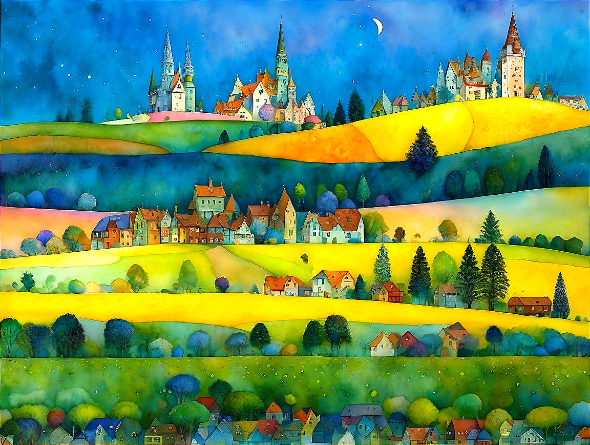 Vibrant Whimsical Landscape with Colorful Village