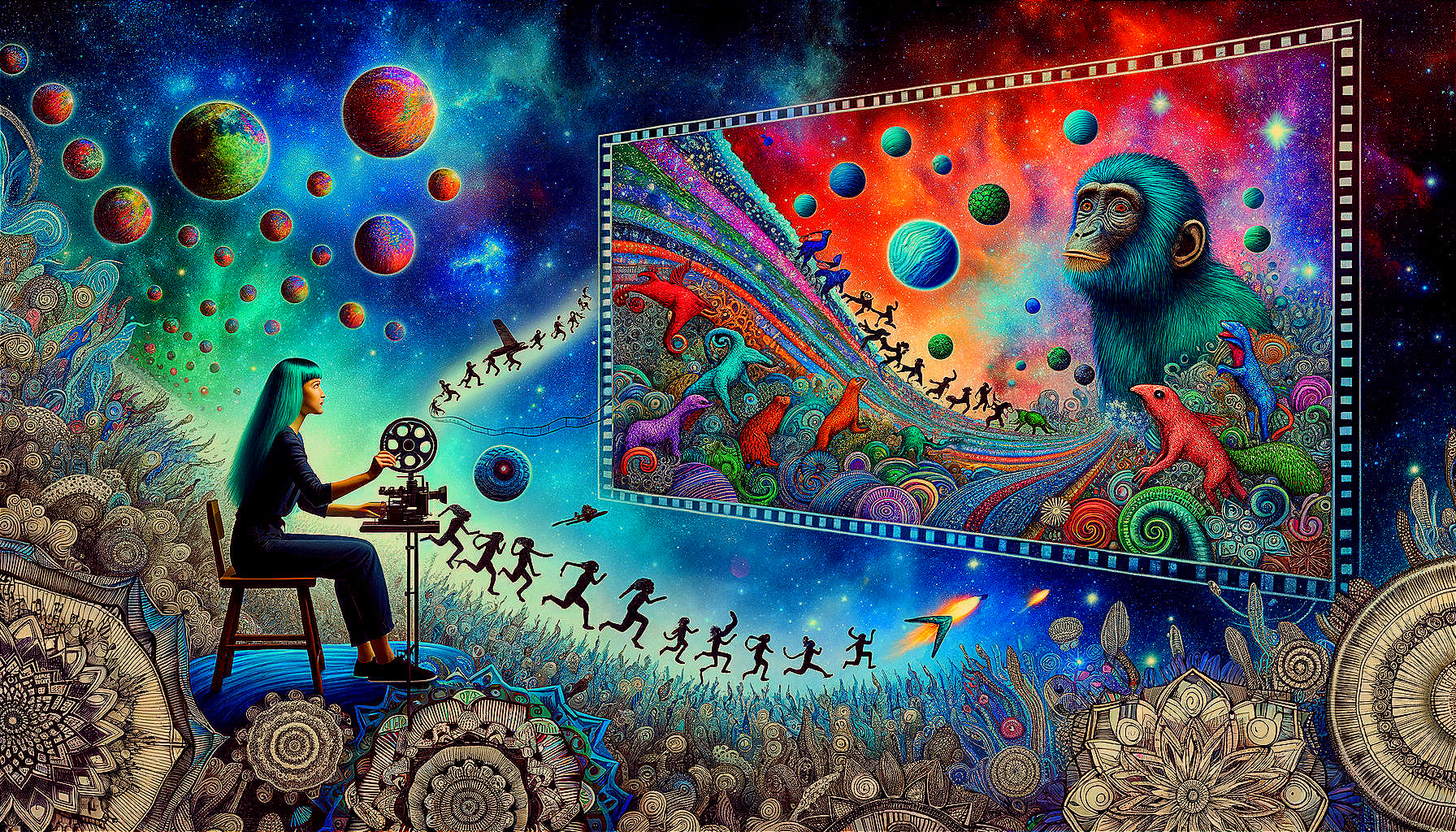 Film projector showcases cosmic and evolutionary imagery with monkey, flora, and whimsical elements.