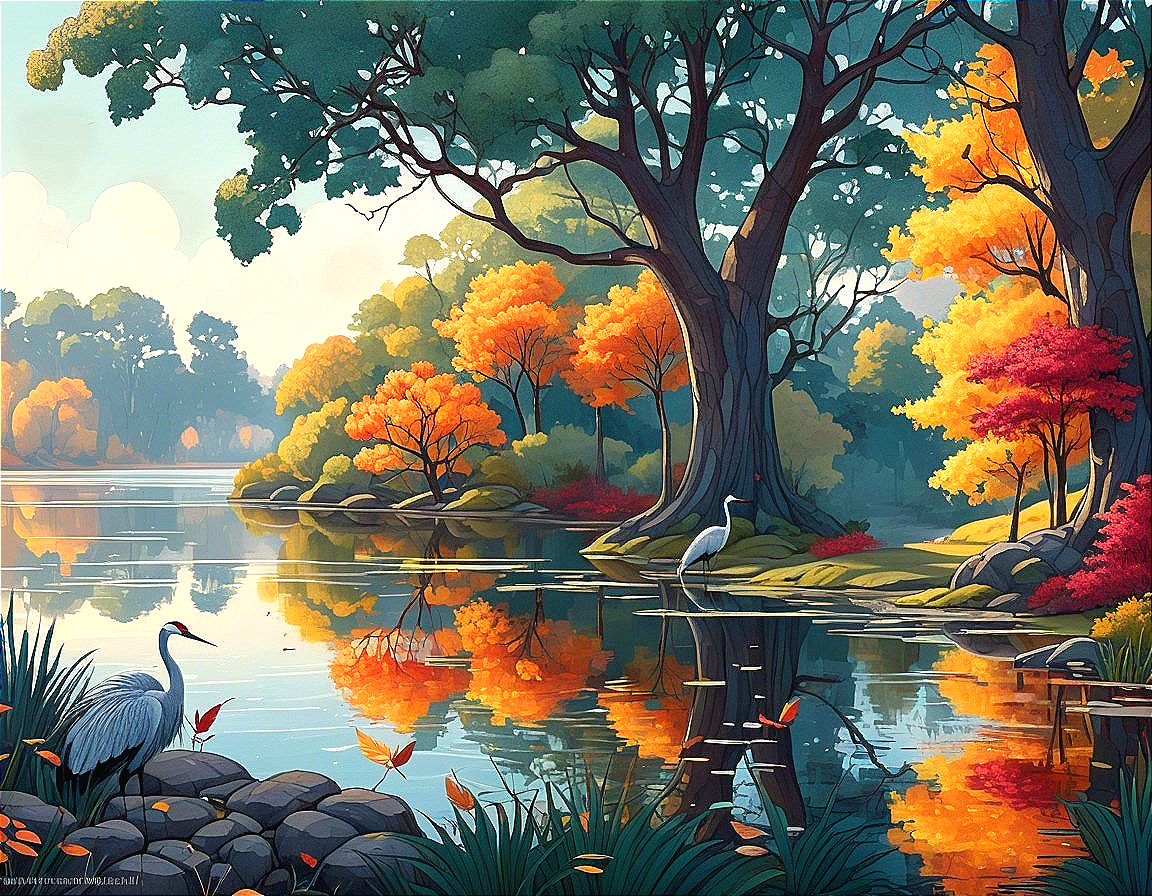 Tranquil River Landscape with Autumn Foliage and Crane
