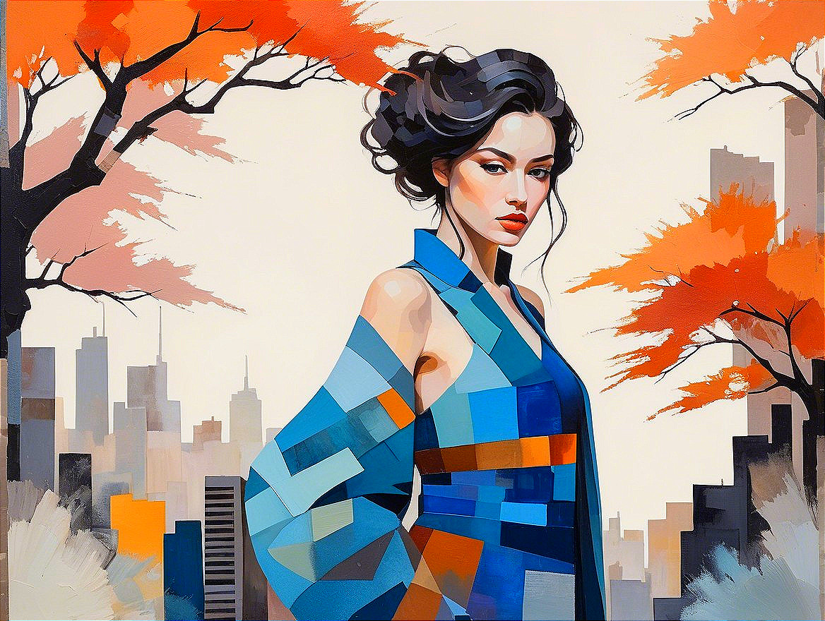 Female Figure in Blue Outfit with Abstract Cityscape