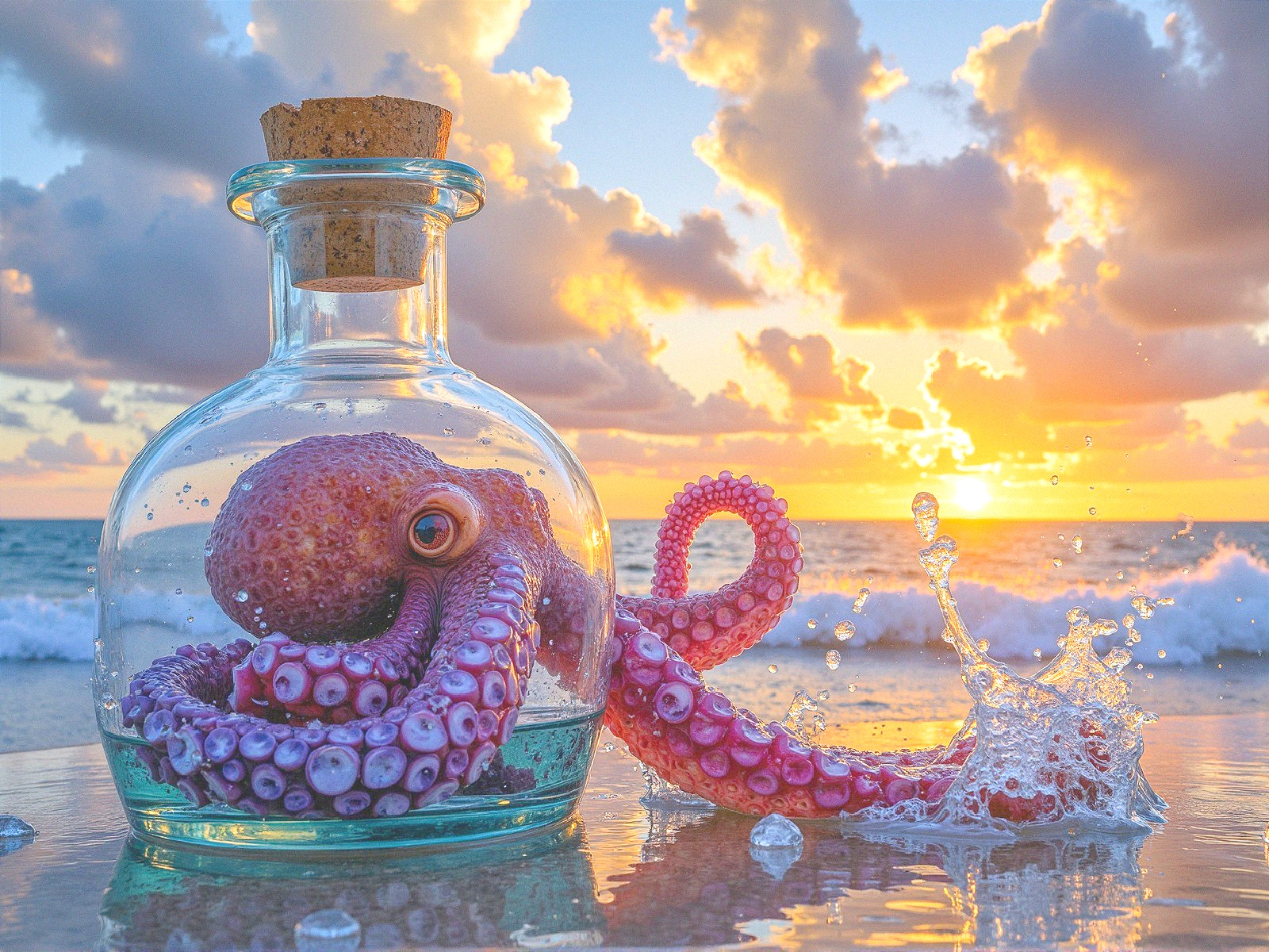 Vibrant octopus in a bottle against sunset backdrop