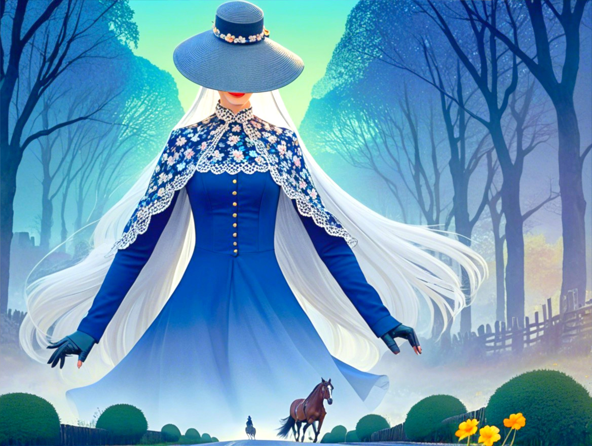 Ethereal Figure in Blue Dress Amidst Serene Landscape