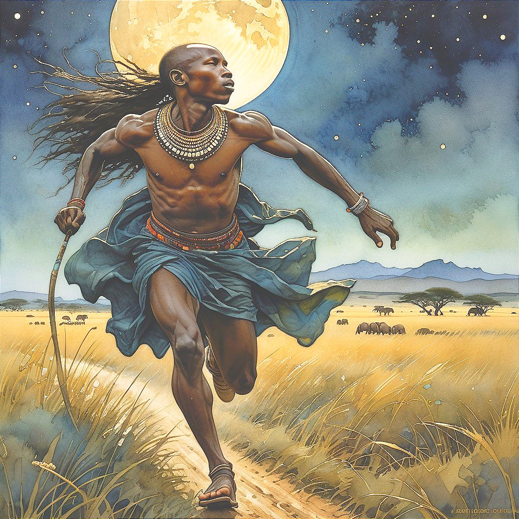 Young man running in a golden landscape under moonlight
