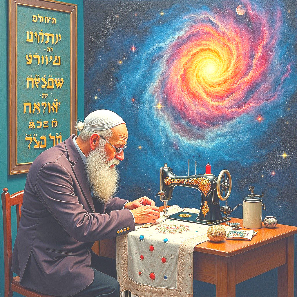Elderly Man Sewing in a Cosmic-Themed Room