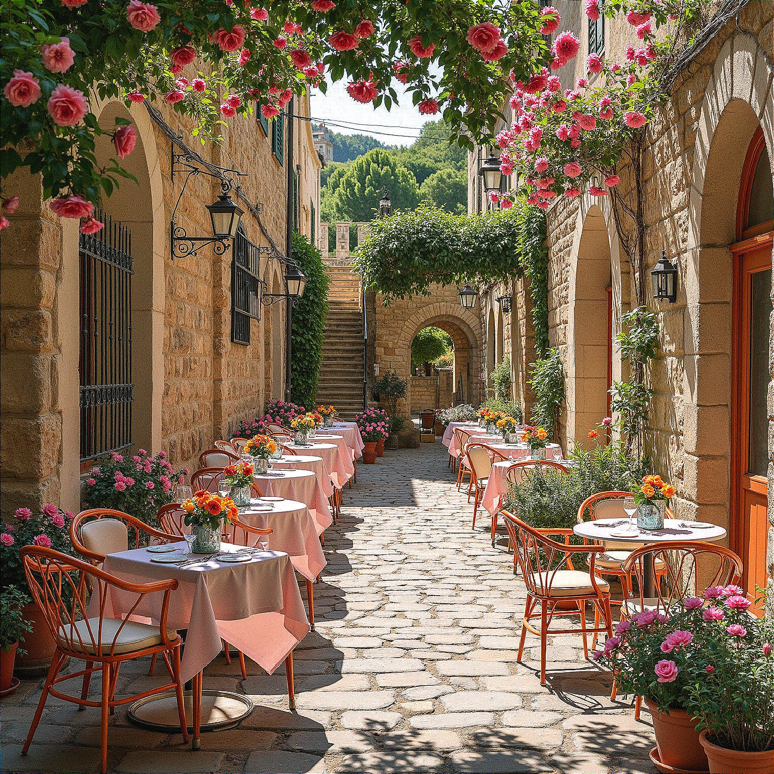 Charming Alleyway with Tables and Flower Arrangements