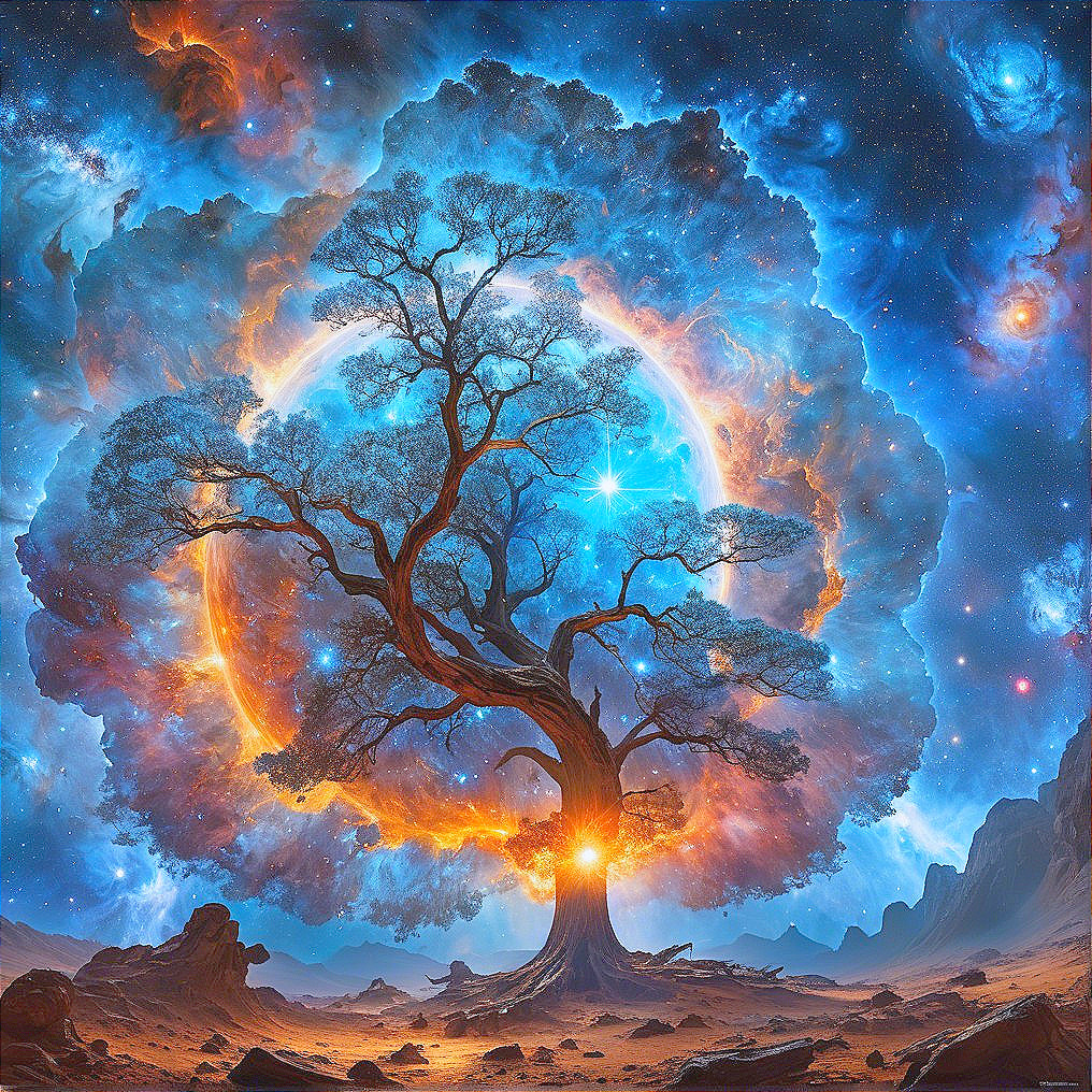 Majestic tree amidst a vibrant cosmic backdrop