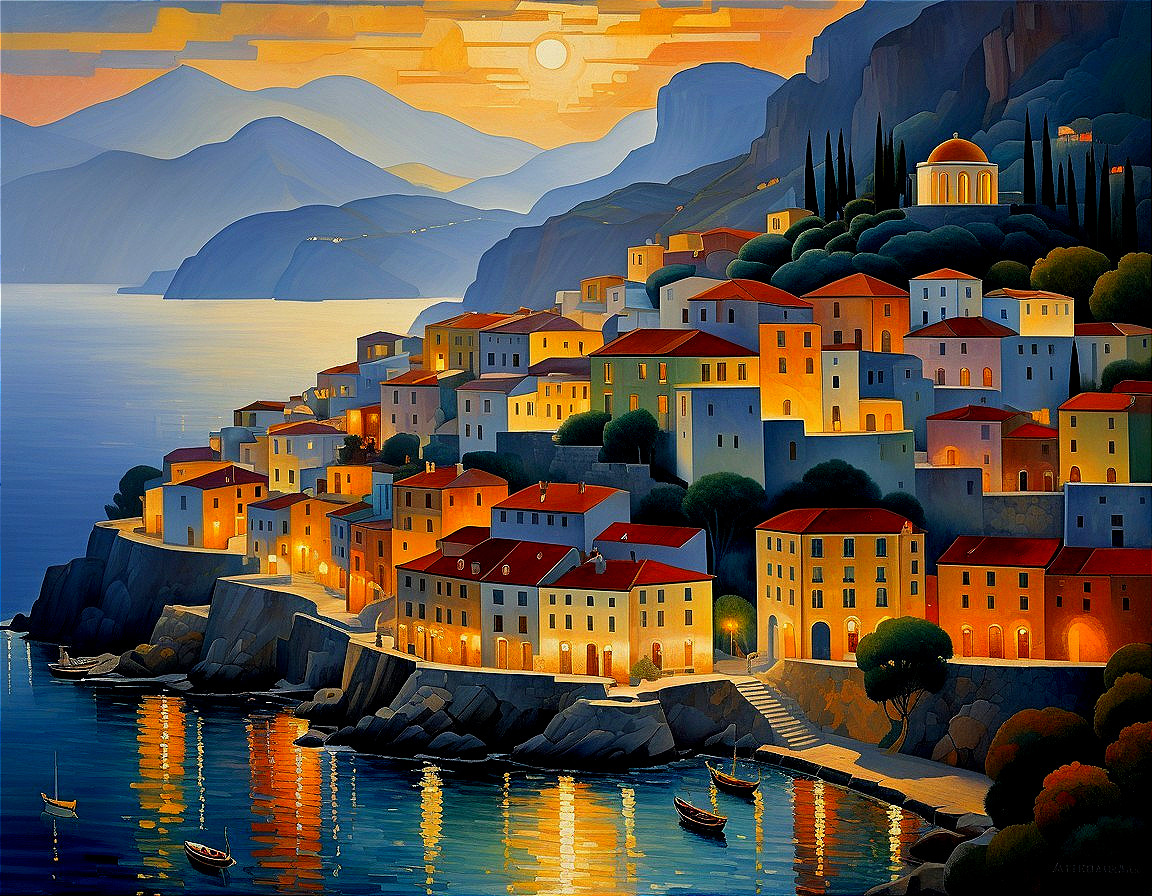 Coastal Village at Sunset with Colorful Houses