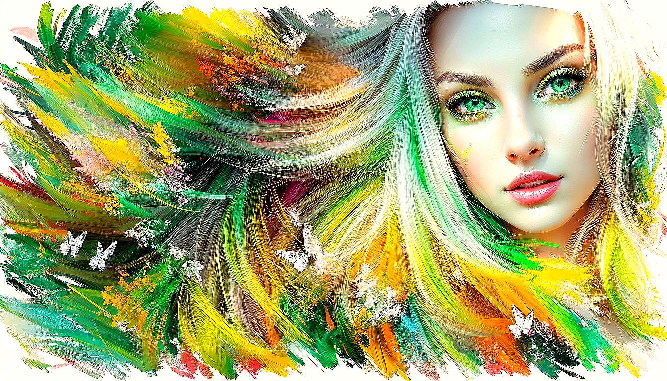 Portrait of a Woman with Green Eyes and Colorful Hair