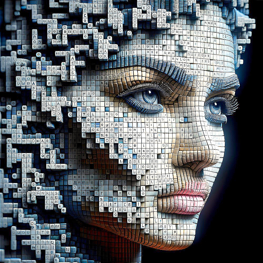 Digital Mosaic Portrait of Woman's Face with White Cubic Elements on Black Background