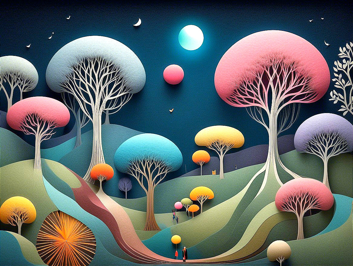 Whimsical landscape with colorful trees and hills