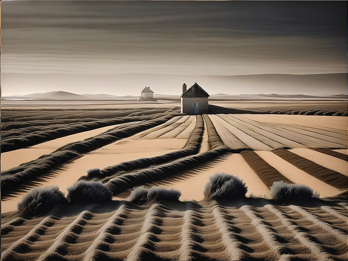 Serene Landscape with Rolling Fields and Quaint House