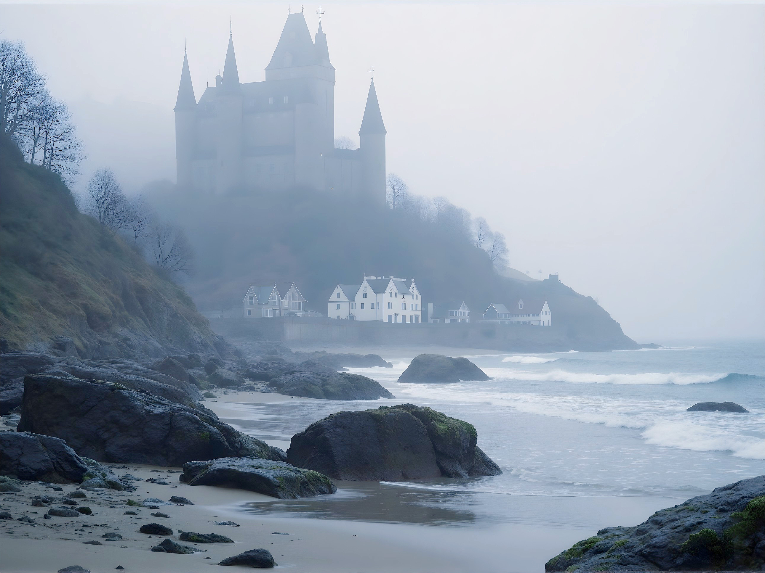 Misty Landscape with Castle and Rocky Shoreline