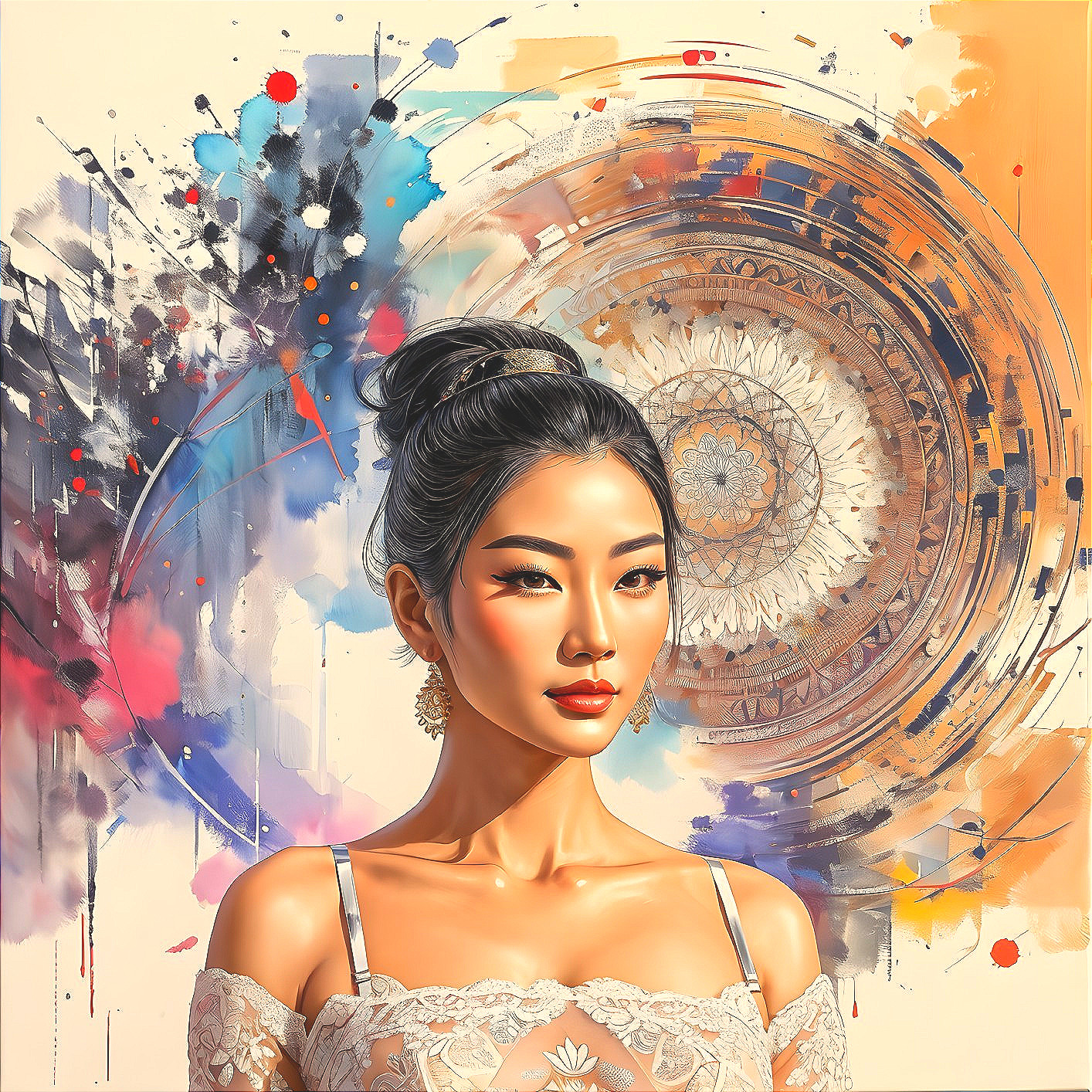 Elaborate bun hairstyle on woman in vibrant abstract digital portrait