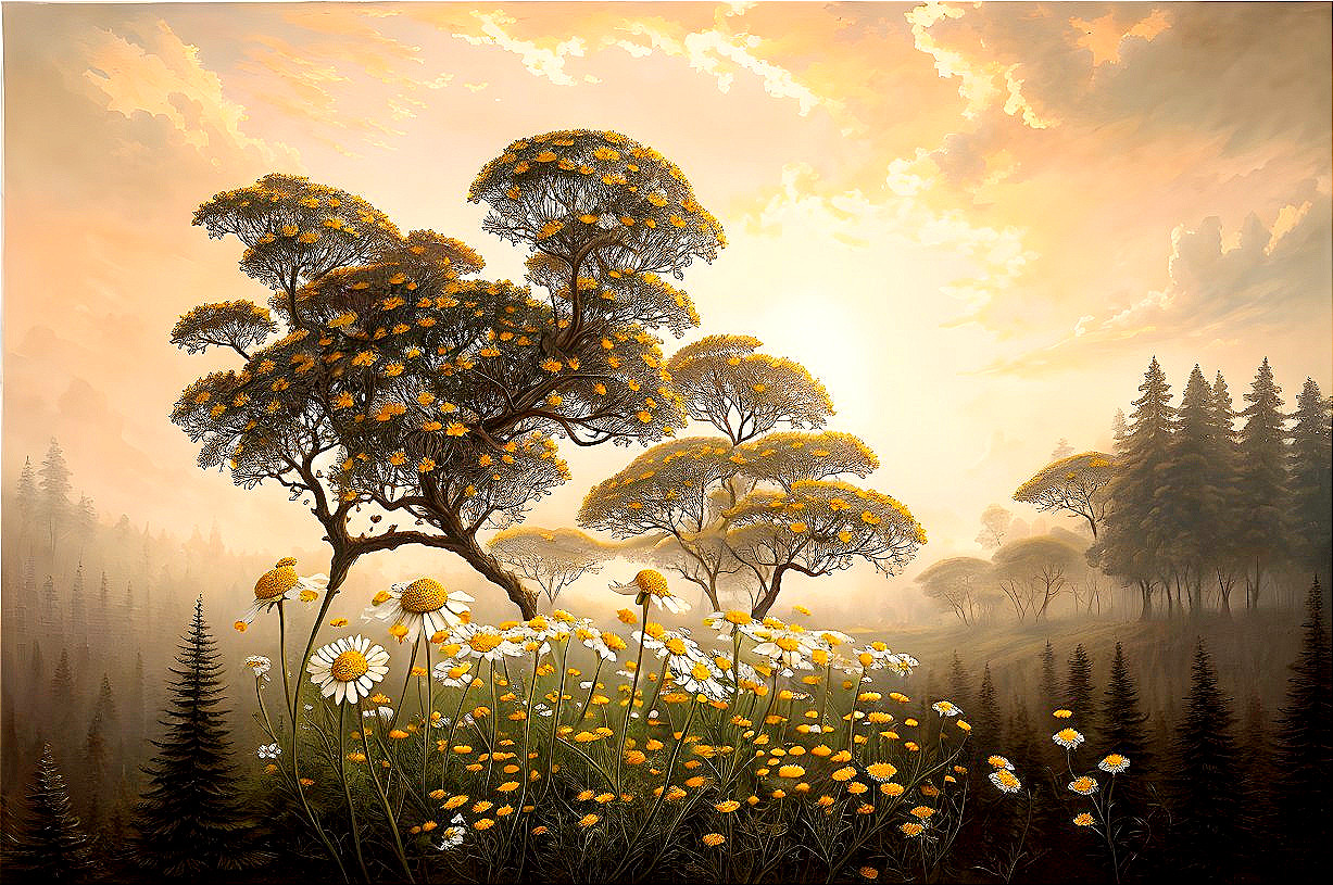 Tranquil landscape: golden trees, warm sky, wildflowers.