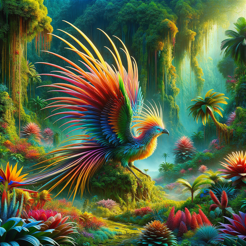 Vibrant mythical bird in a lush tropical landscape