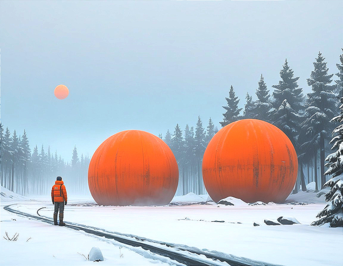 Misty Winter Landscape with Orange Spheres and Sun