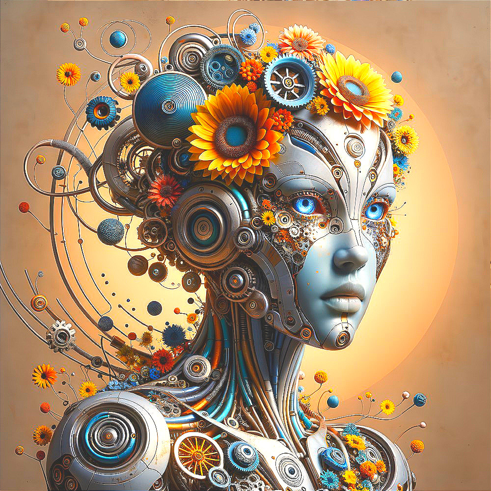 Futuristic humanoid robot with floral elements and gears