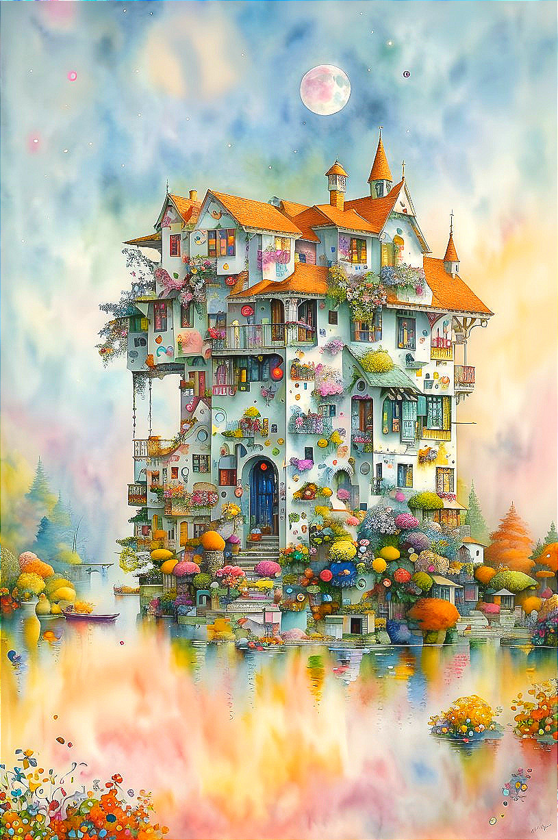 Whimsical Multi-Storied House by Serene Lake