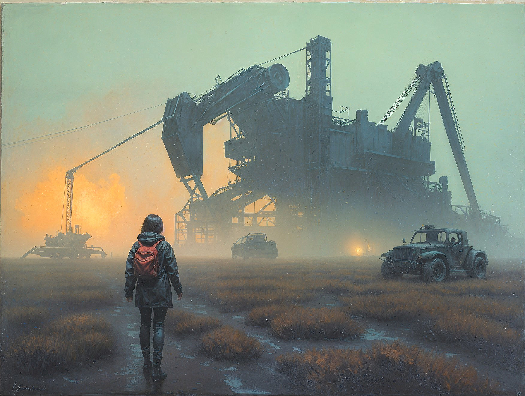 Foggy Dawn Landscape with Industrial Machine and Figure