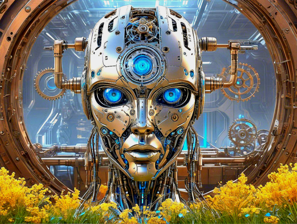 Futuristic humanoid robot in high-tech setting with flowers