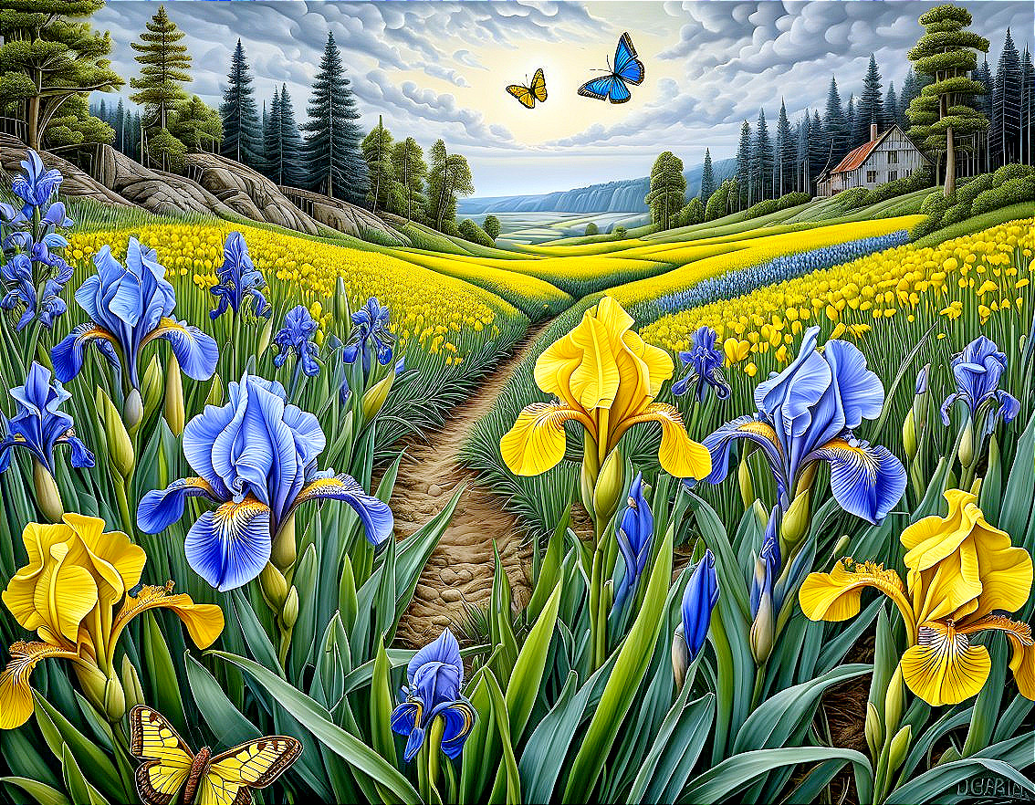 Vibrant Landscape with Blooming Irises and Rolling Hills