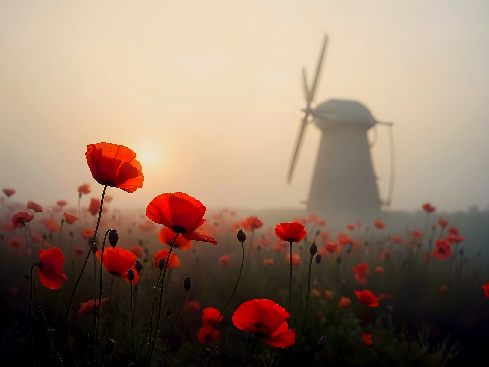 Misty Dawn with Red Poppies and Classic Windmill