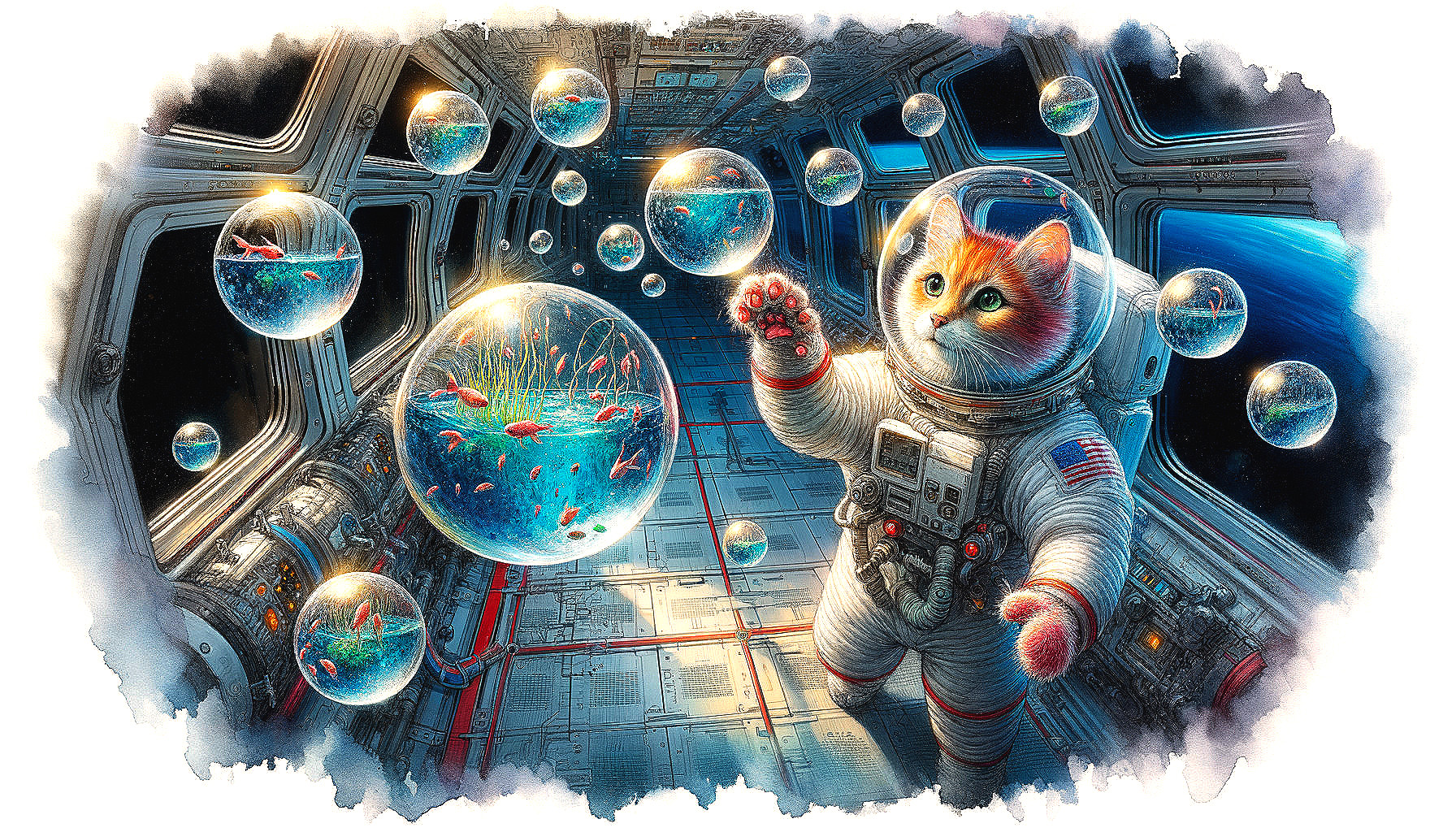 Futuristic Cat in Space Suit Among Underwater Bubbles