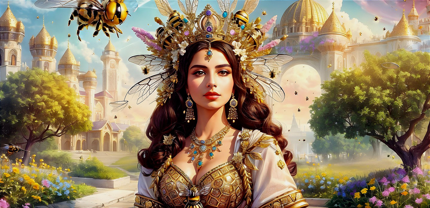Regal Woman in Golden Attire with Mythical Elements