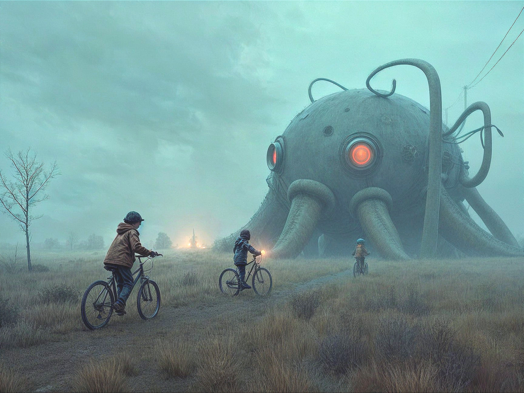 Surreal Landscape with Children and Giant Creature