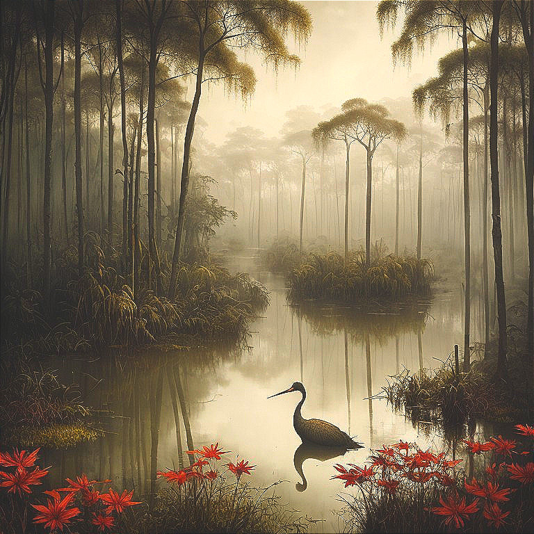 Misty Landscape with Trees, Waterway, and Lilies