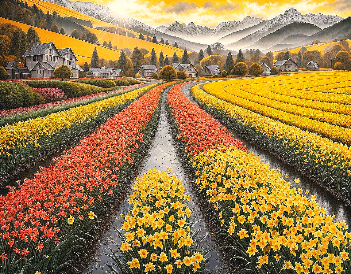 Vibrant Landscape of Blooming Flower Fields at Sunset