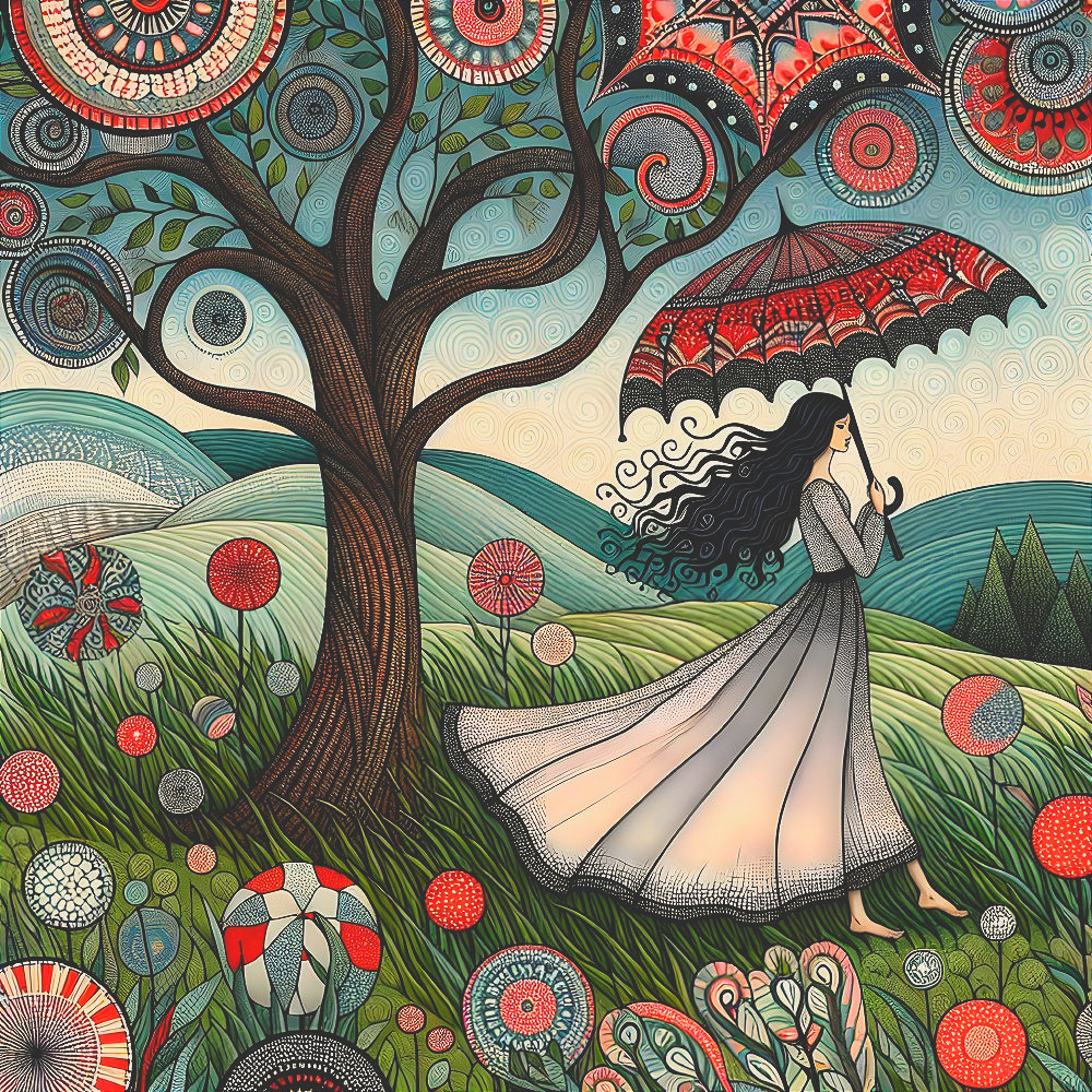 Whimsical Landscape with Woman and Colorful Flowers
