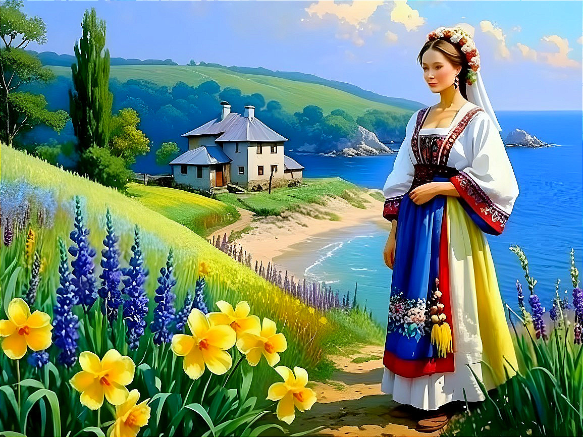 Coastal Scene with Woman in Traditional Attire and Flowers