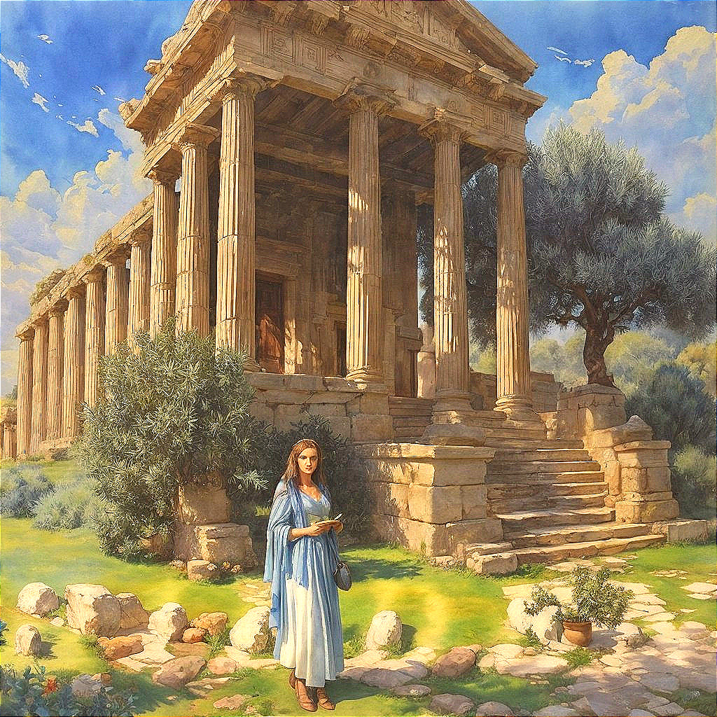 Classical Greek Temple with Lush Surroundings and Sky
