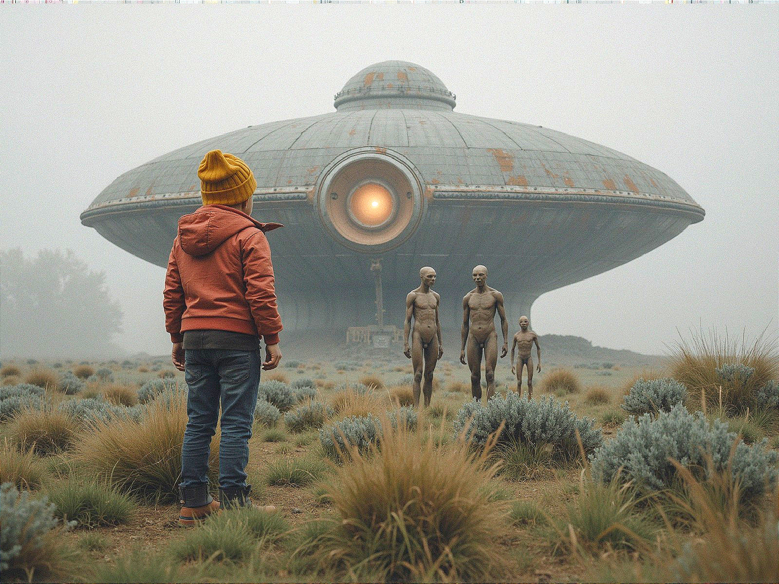 Child in Orange Jacket Observes UFO in Misty Landscape
