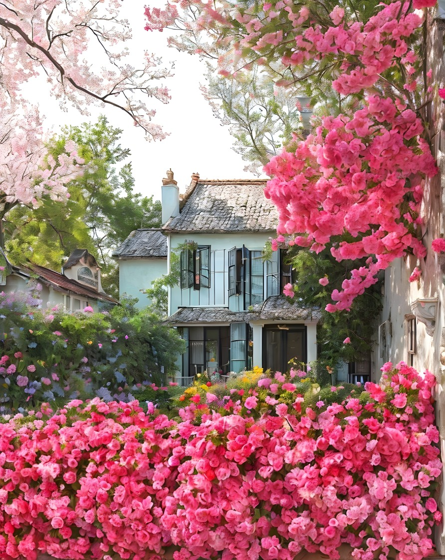 Charming House Surrounded by Vibrant Bougainvillea
