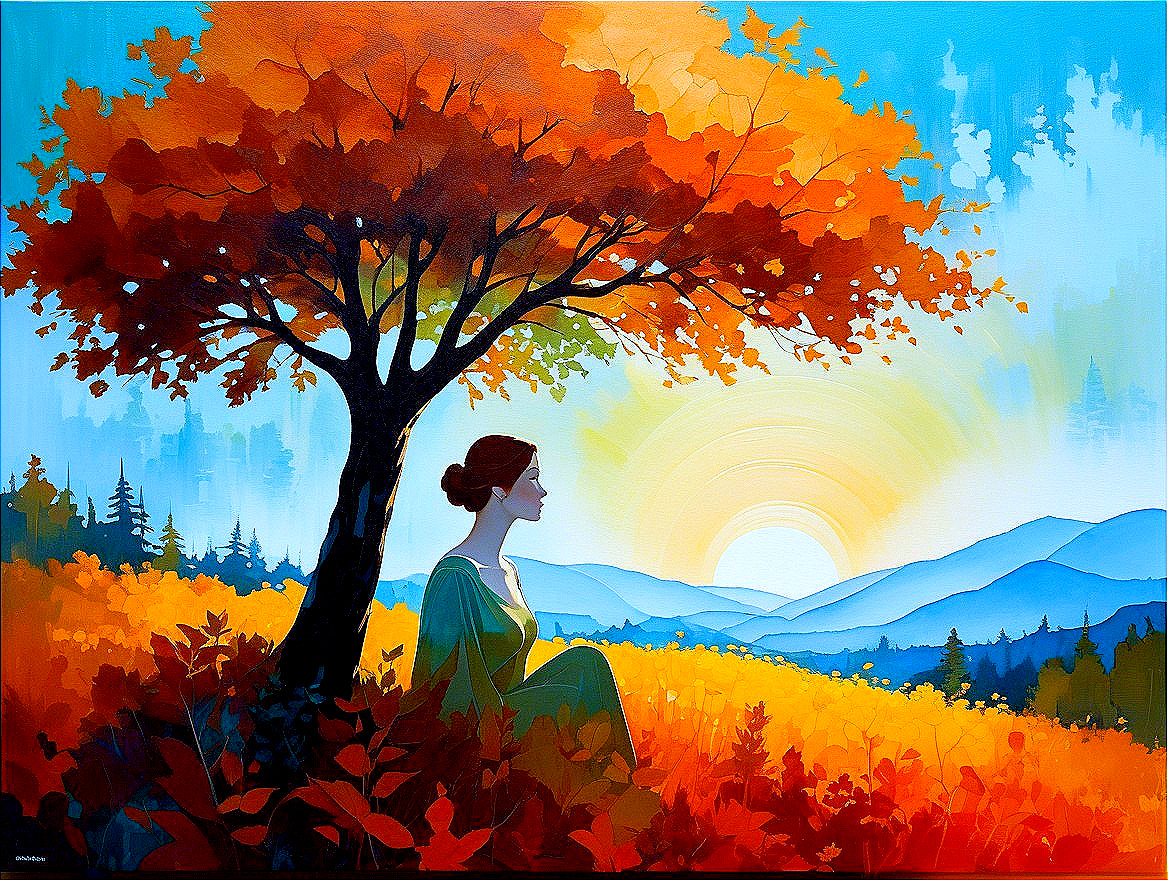 Serene Autumn Landscape with Woman Under Tree