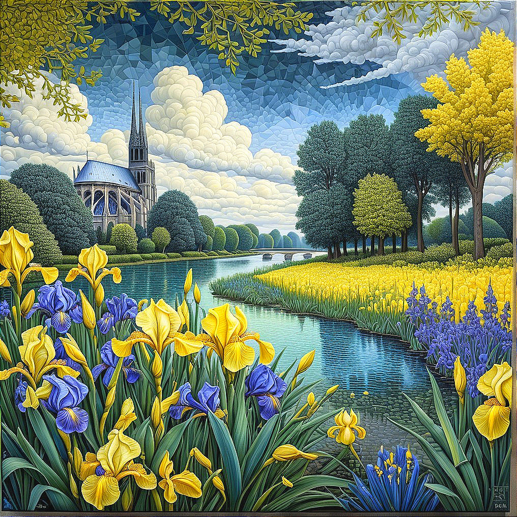 Vibrant Landscape with River and Blooming Irises