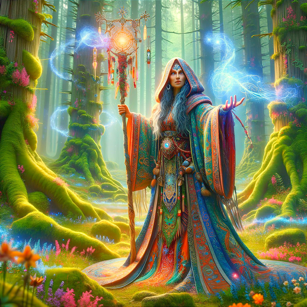 Mystical Sorceress in Enchanted Forest Setting
