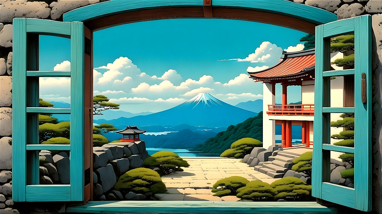 Vibrant Landscape View with Mount Fuji and Greenery