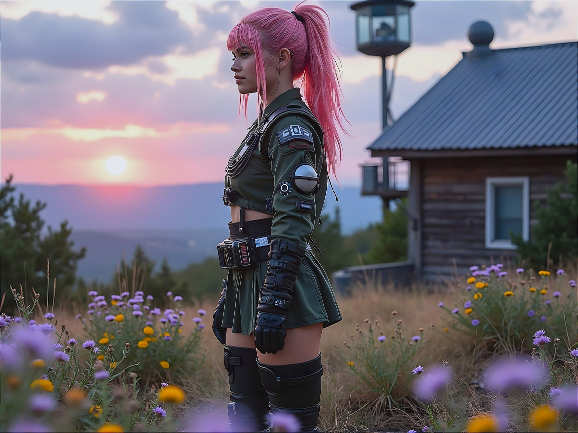 Woman with Pink Hair in Military Outfit at Sunset