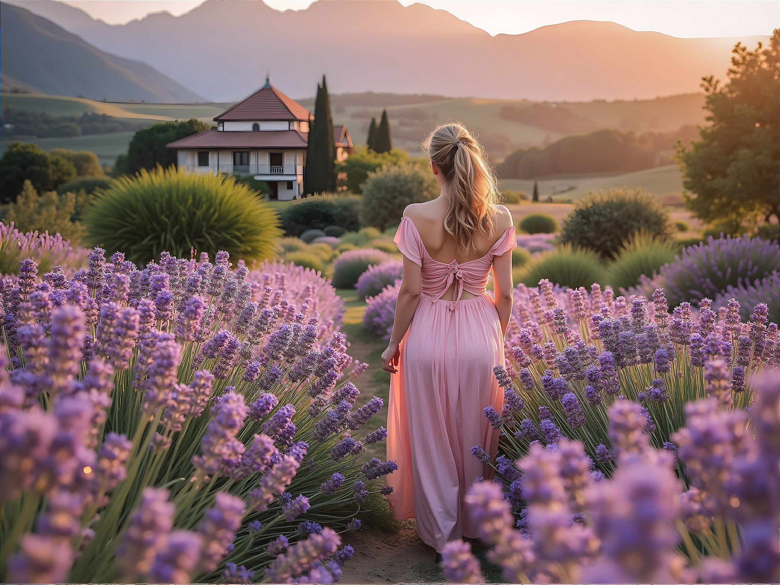 Woman in Pink Dress in Lavender Field at Sunset