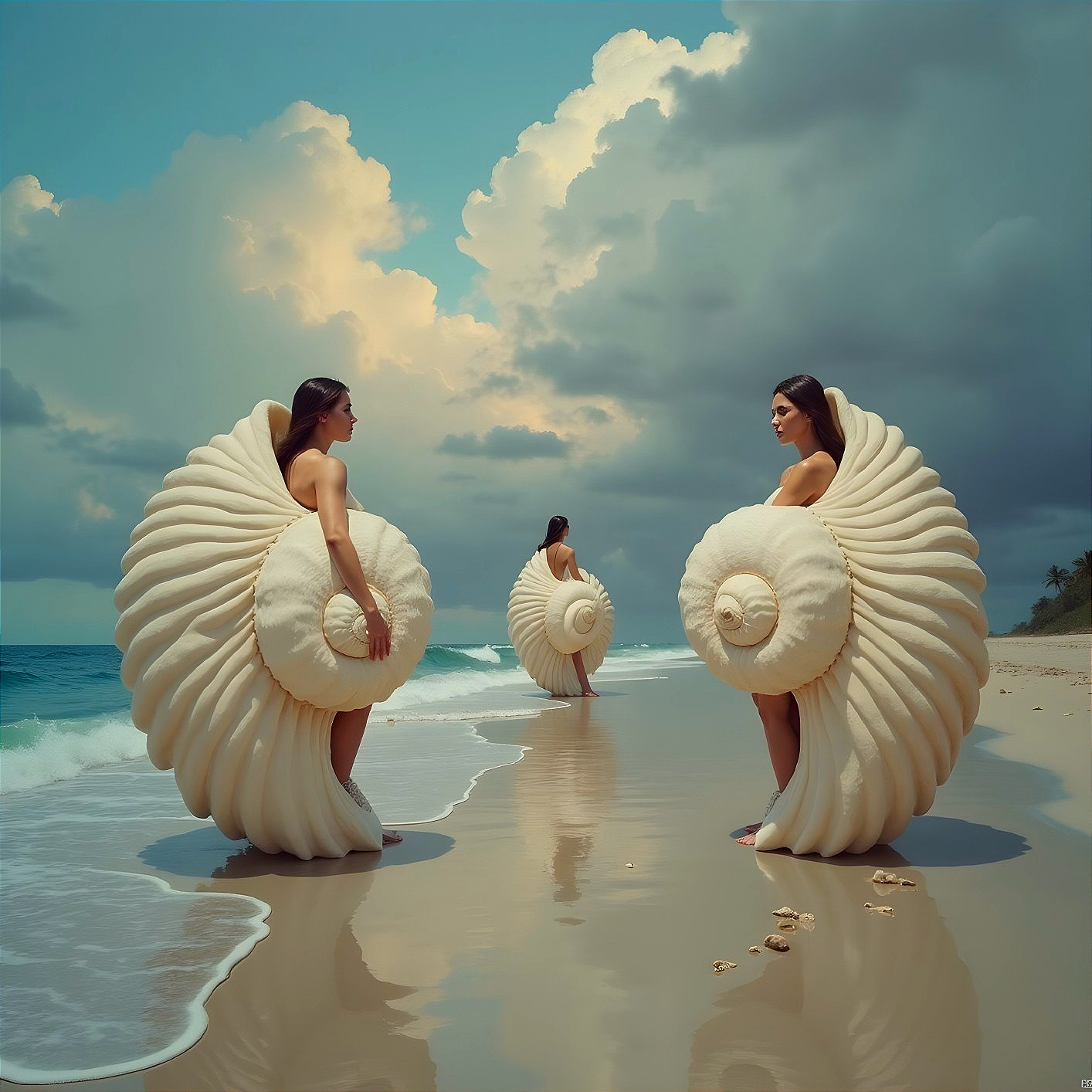 Figures in Seashell Skirts on a Serene Beach