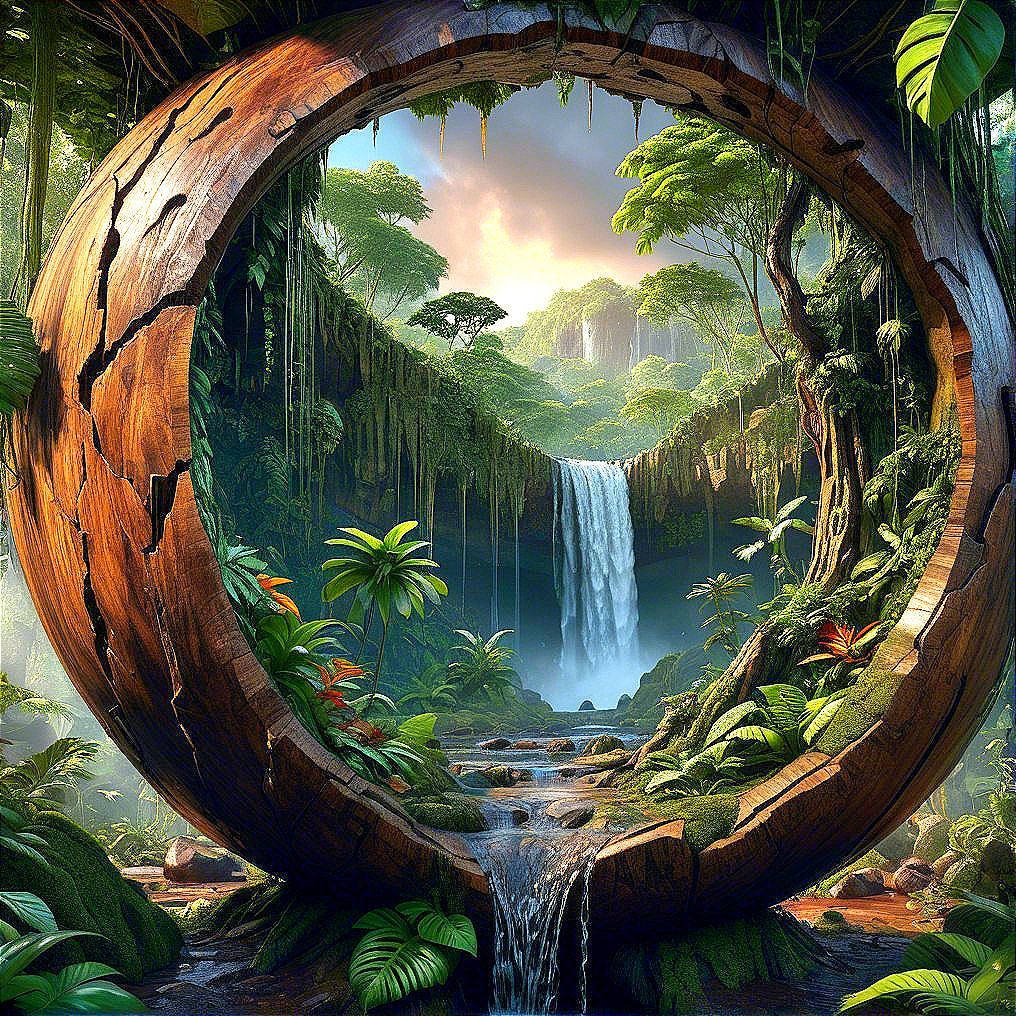 Vibrant Jungle Landscape Through Wooden Portal Frame