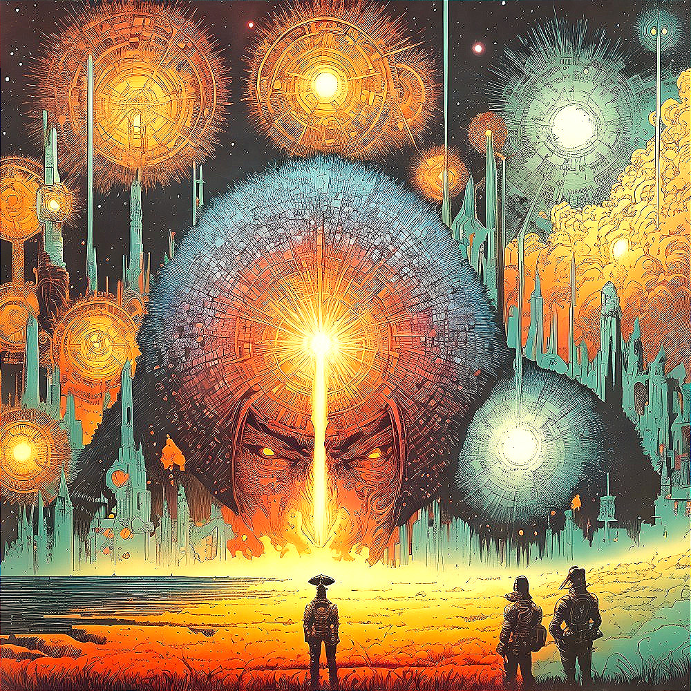 Sci-fi Illustration of Figures in Otherworldly Landscape